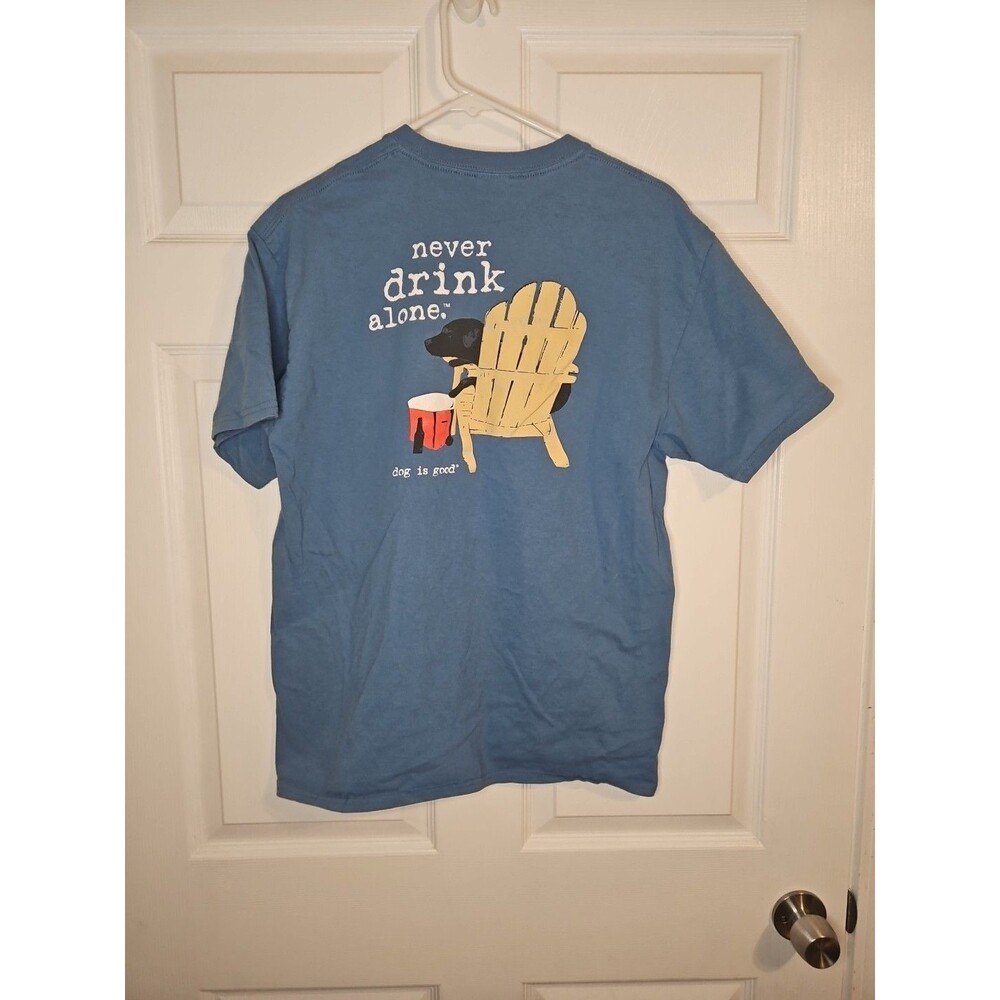 DOG IS GOOD Shirt Adult L Never Drink Alone Short Sleeve Black Lab Cotton Blue